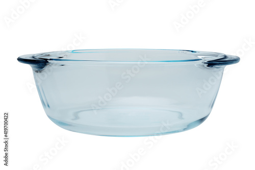 Empty glass pan baking tray for baking and stewing food. Isolated on a white background