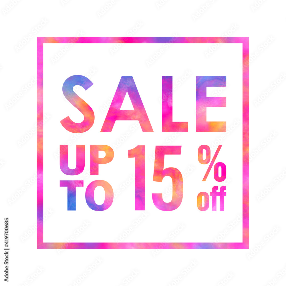 Sale banner with a bright colorful abstract texture on white background. Sale up to 15% off words written with colorful rainbow waves. Type with red, yellow, blue and violet colors for print and web.