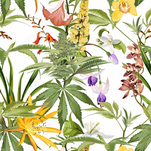 Seamless pattern of cannabis plant and many kind of flowers. Legal Medicine Cannabis Marijuana Illustration. White background.