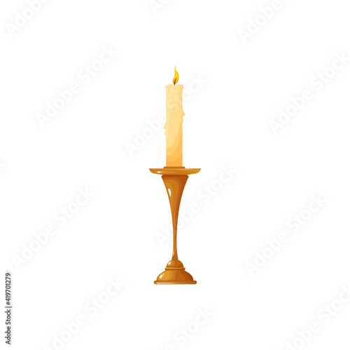 Vintage candle in wooden candlestick isolated realistic icon. Vector burning candle with melting wax paraffin in bronze brass candlestick, bright flame. Retro decorative glowing candlelight object