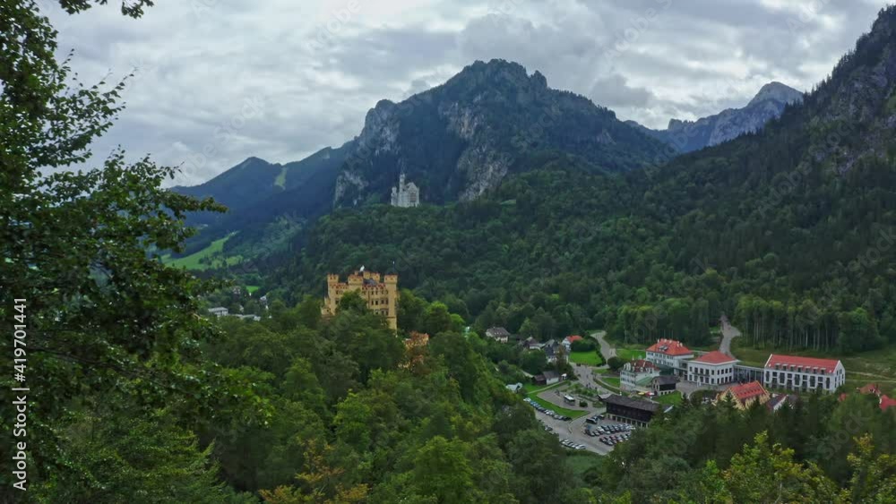 Schloss Hohenschwangau Castle and Neuschwanstein Castle. Aerial view in summer. Schwangau near Füssen, Bavarian Alps, Allgäu, Germany. Schloss Hohenschwangau Castle and Neuschwanstein Castle. Aerial view in summer. Schwangau near Füssen, Bavarian Alps, Allgäu, Germany.