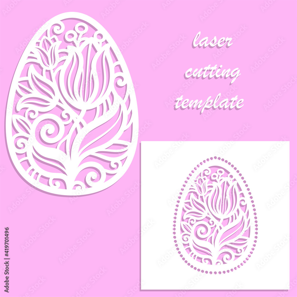 Laser cutting template. Easter egg with a floral tracery pattern. Vector