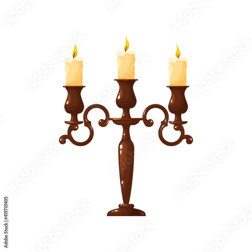Retro candelabrum with three wax burning candles isolated vintage decorative object. Vector vintage candle in wooden holder, realistic flame. Metal chandelier, melting wax paraffin in bronze sconce