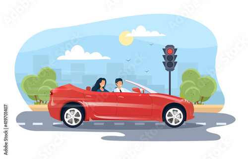 Bad rushing driver is violating rules and riding through on red traffic light. Concept of transportation driving problems caused by silly drivers. Flat cartoon vector illustration