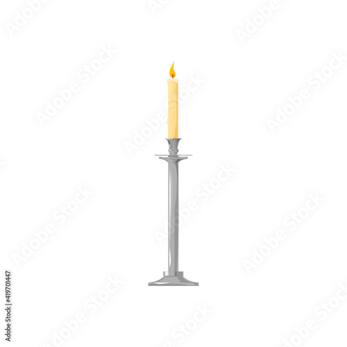 Church candle in metal candlestick isolated religion symbol. Vector burning paraffin wax candle in realistic design, glowing christmas decoration. Vintage candlestick and bright flame, candlelight