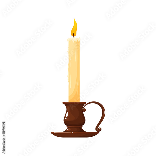Old fashioned lit candle in vintage candlestick isolated realistic icon. Vector glass or copper holder, antique brass candelabra. Romantic wax stick candle with fire on top. Christmas decoration