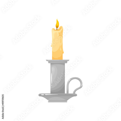 Candle in silver candlestick holder, bright burning flame isolated icon. Vector vintage burning candle with melting wax paraffin, bright flame. Retro decorative glowing candlelight object