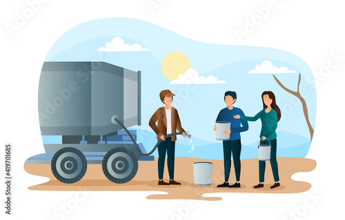 Male and female characters are standing in line to get water from the tank. Concep of water scarcity. The water truck. Flat cartoon vector illustration