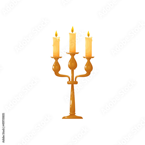 Candle in brass candlestick, bright burning flame isolated icon. Vector vintage decorative object, metal chandelier, melting wax paraffin in bronze sconce. Candle in wooden holder, realistic flame
