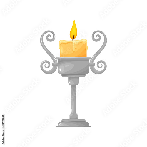 Burning candle in silver candlestick with swirls isolated realistic icon. Vector melting wax paraffin on candle with glowing flame. Retro decorative illumination object, Christmas and Halloween decor