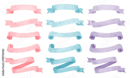 水彩のリボンセット─ピンク、水色、紫/ Watercolor Ribbon Set