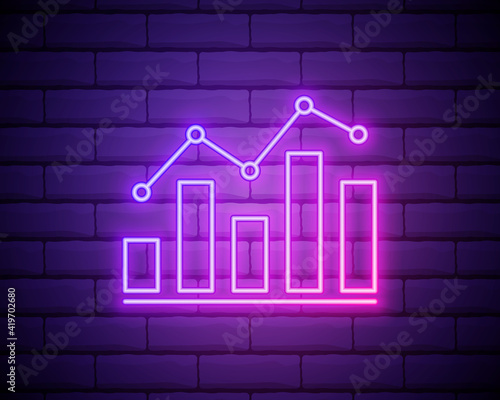 Graph and arrow neon icon. Glowing vector graphic illustration sign for website. Business concept isolated on brick wall.