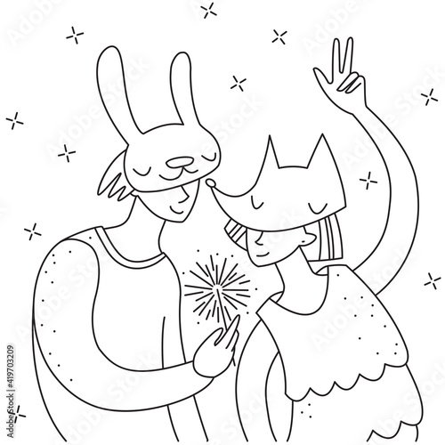 Line art illustration. 
Festive party. Girl and guy in masquerade masks are dancing.  
