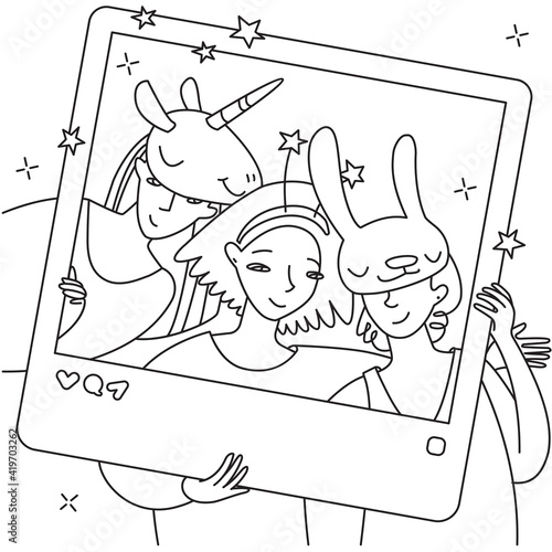 Line art illustration. 3 girls in masquerade masks posing for a photo. 