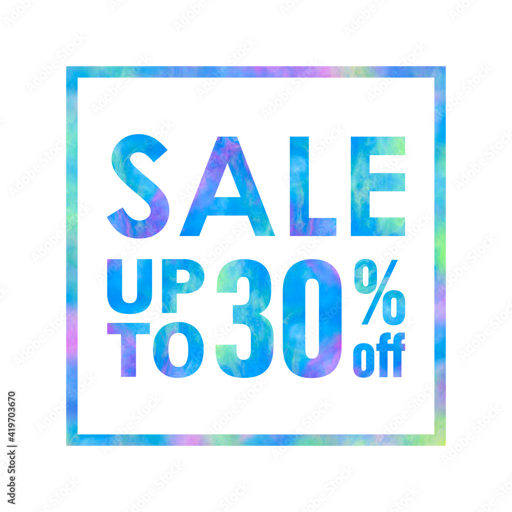 Sale banner with a bright colorful abstract texture on white background. Sale up to 30% off words written with colorful rainbow waves. Type with blue, green and violet colors for print and web. Sale banner with a bright colorful abstract texture on white background. Sale up to 30% off words written with colorful rainbow waves. Type with blue, green and violet colors for print and web.