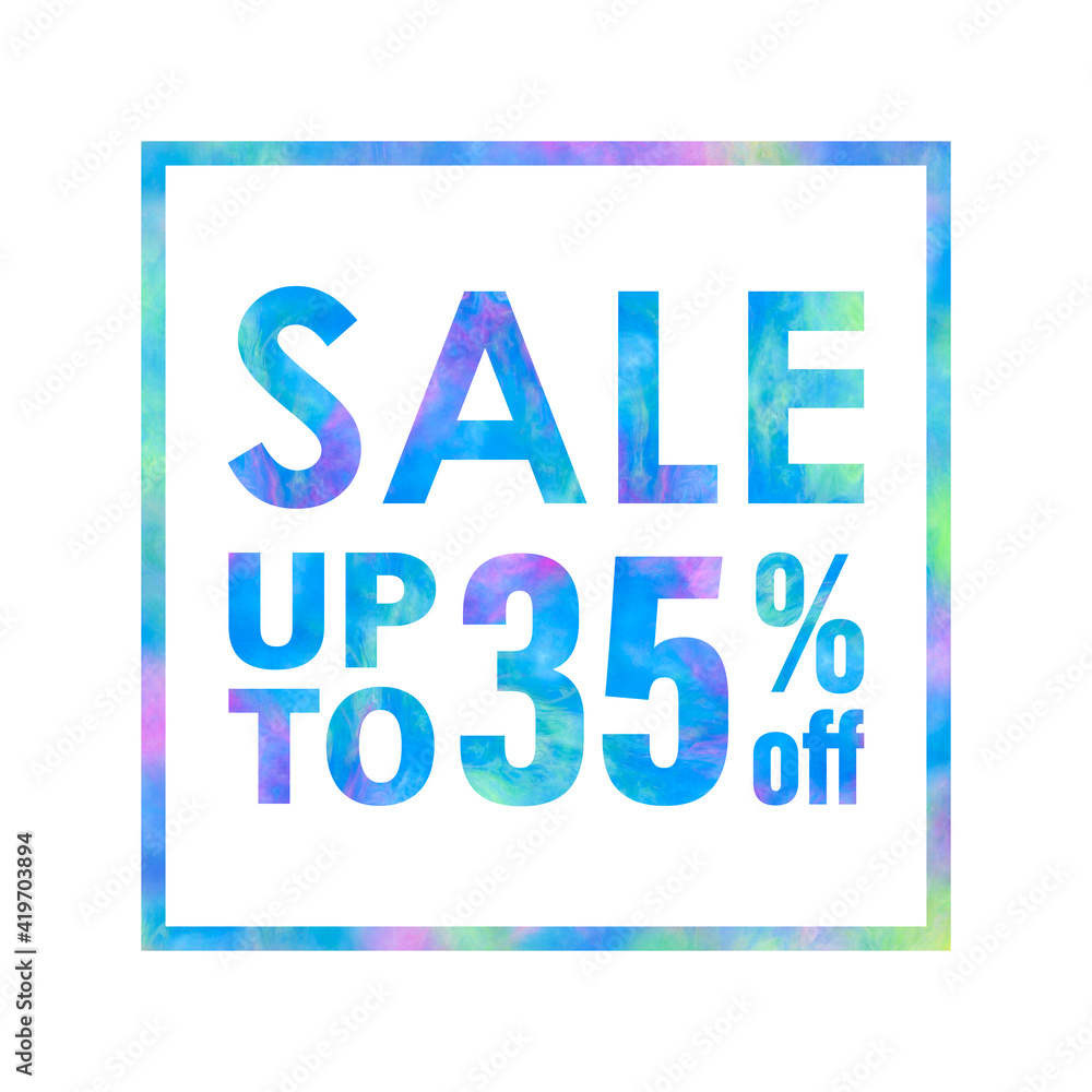 Sale banner with a bright colorful abstract texture on white background. Sale up to 35% off words written with colorful rainbow waves. Type with blue, green and violet colors for print and web. Sale banner with a bright colorful abstract texture on white background. Sale up to 35% off words written with colorful rainbow waves. Type with blue, green and violet colors for print and web.