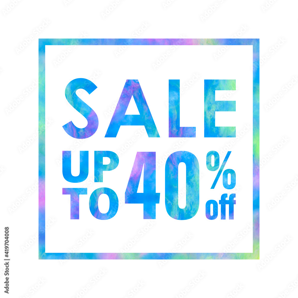 Sale banner with a bright colorful abstract texture on white background. Sale up to 40% off words written with colorful rainbow waves. Type with blue, green and violet colors for print and web.