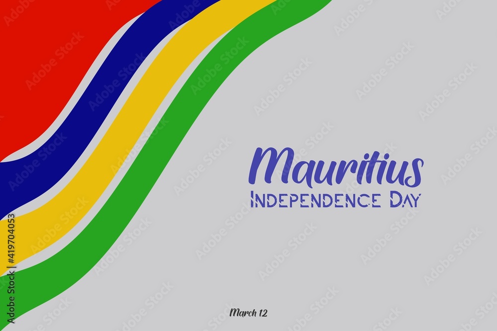 Mauritius independence day vector poster, banner, greeting card. Mauritian wavy flag in 12th of March national patriotic holiday horizontal design. T-shirt designed for youth generation. Mauritius independence day vector poster, banner, greeting card. Mauritian wavy flag in 12th of March national patriotic holiday horizontal design. T-shirt designed for youth generation.
