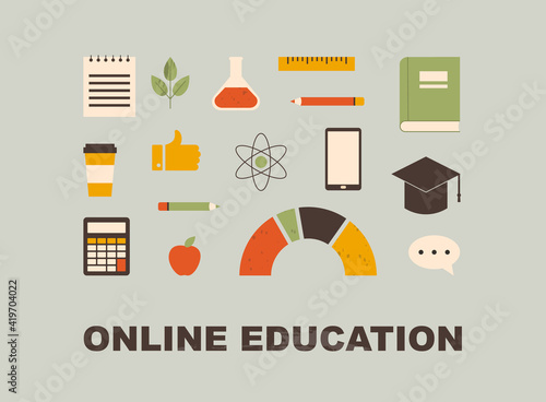 Online education, e-learning concept. Set of various objects: smartphone, book, notes, pencil, graduation cap. Studying via the internet, distance learning, online university. Isolated flat vector