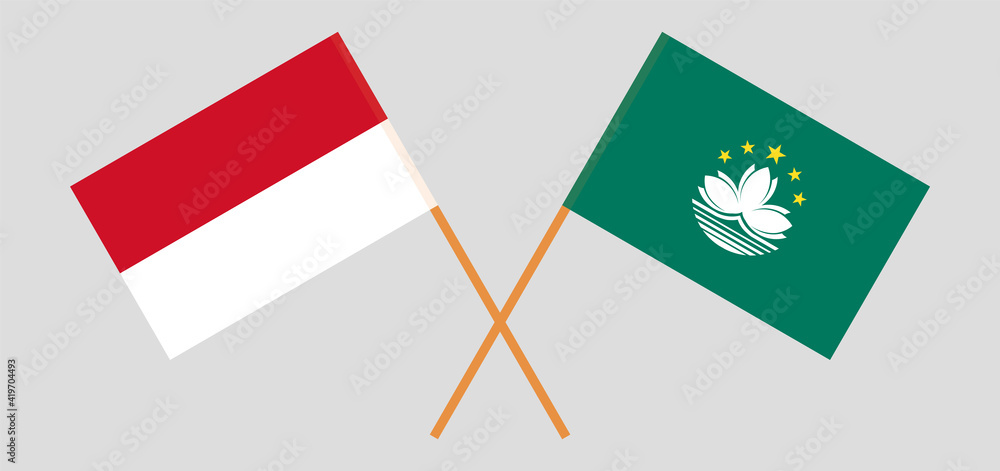 Crossed flags of Indonesia and Macau. Official colors. Correct proportion Crossed flags of Indonesia and Macau. Official colors. Correct proportion