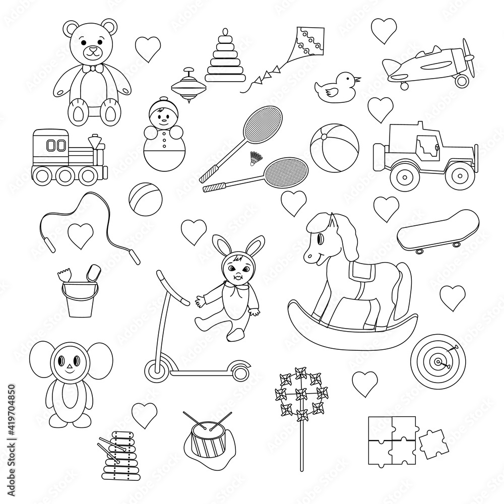 A set of toys for children. Elements for kindergarten, school in doodle style.Vector illustration