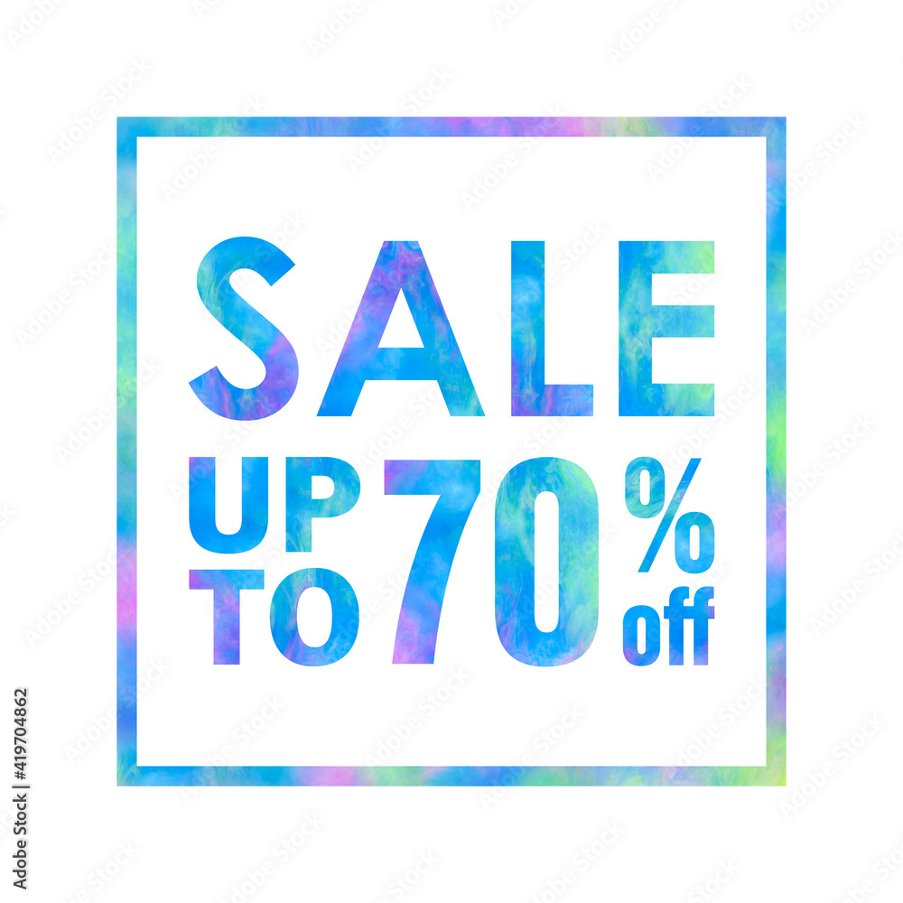Sale banner with a bright colorful abstract texture on white background. Sale up to 70% off words written with colorful rainbow waves. Type with blue, green and violet colors for print and web.
