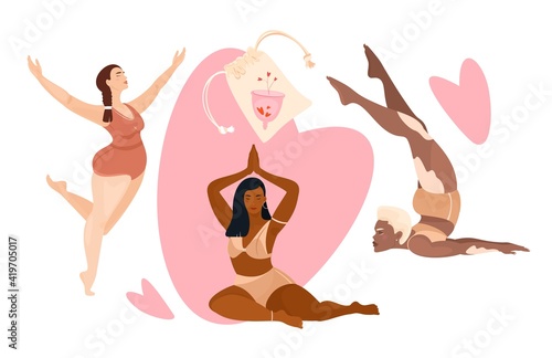 Menstruation theme. Zero waste period. Menstrual cup. Protection of menstruation, feminine hygiene. Vector cartoon flat illustration.	