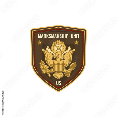 US army marksmanship unit special forces squad isolated military chevron icon. Vector USA army mascot with golden eagle. Small arms marksmanship training, soldiers and enhancing army recruiting badge