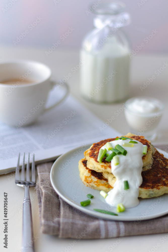 Breakfast with coffee and milk and cheese pancakes. Healthy food Breakfast with coffee and milk and cheese pancakes. Healthy food