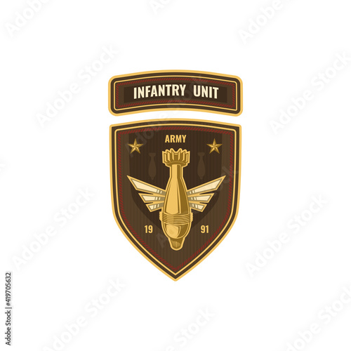 Special forces squad with bomb  air forces shield isolated military chevron icon. Vector US army mascot  artillery and anti-aircraft special squad. Air armored troops  bombing sign insignia