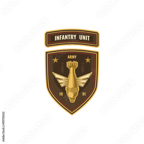 Special forces squad with bomb, air forces shield isolated military chevron icon. Vector US army mascot, artillery and anti-aircraft special squad. Air armored troops, bombing sign insignia