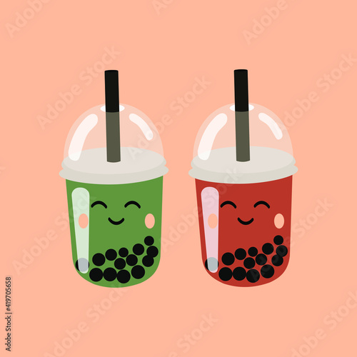 Wallpaper Mural Bubble tea with fun emotion. Modern card with cups of Taiwanese pearl tea in pastel colors. For printing brochures, business cards, kitchen decor. Vector graphics. Torontodigital.ca
