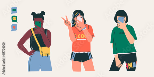 Set of three stylish young ladies taking a selfie on smartphone. Mirror view. Isolated on beige background. Hand drawn colored trendy Vector illustration. Fashion, Social media concept