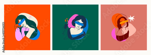 Hand drawn Portraits of beautiful ladies. Pretty young women. Stylish fashion models. Fancy look. Brush stroke on the eyes. Set of three Vector illustrations. Print, avatar idea templates