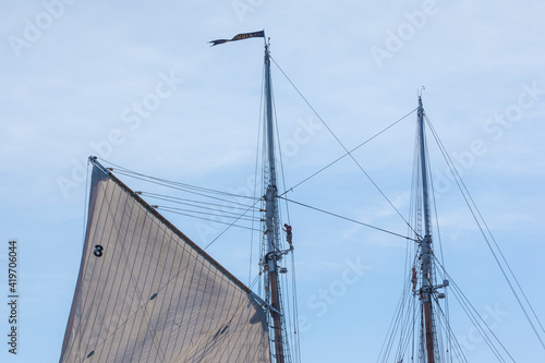 USA, Massachusetts, Cape Ann, Gloucester. Gloucester Schooner Festival, schooner sails.