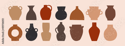 Various ceramic Vases. Different shapes. Colored silhouettes. Antique  ancient ceramics. Pottery concept. Stamp texture. Hand drawn Vector set. Trendy illustration. All elements are isolated