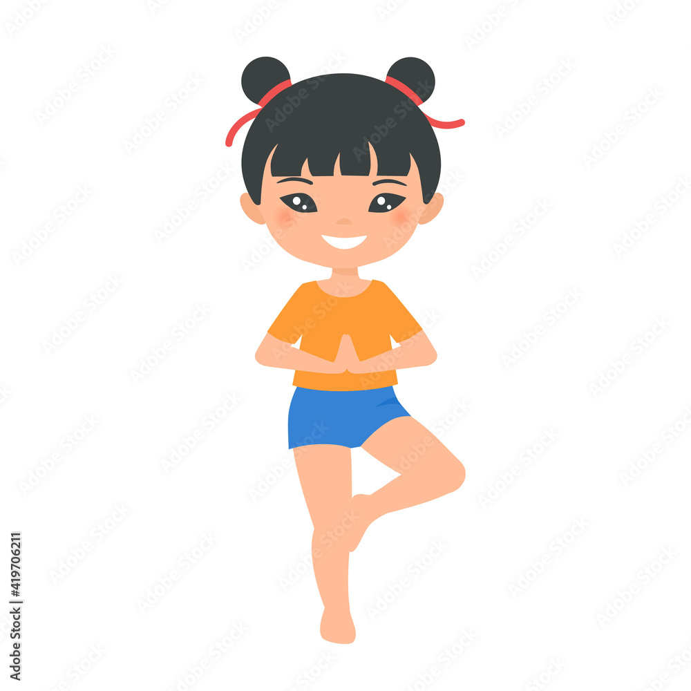 Cute Chinese chibi girl doing yoga, isolated on white background. Cartoon flat style Cute Chinese chibi girl doing yoga, isolated on white background. Cartoon flat style