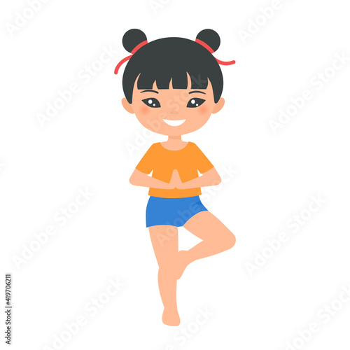 Cute Chinese chibi girl doing yoga, isolated on white background. Cartoon flat style