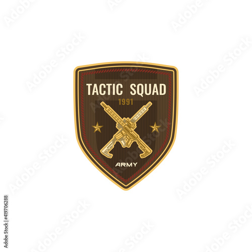 Special snipers squad isolated crossed sniper gowns on shield with stars. Vector military american soldier chevron, insignia, US army patch. USA special squad, armored troops heraldic emblem