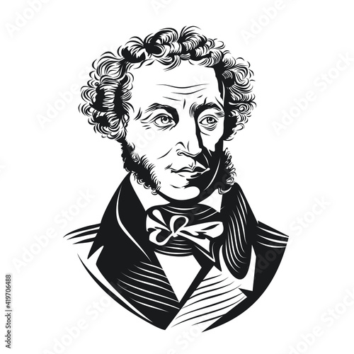 Black-and-white portrait of the Russian poet, playwright and prose writer Alexander Pushkin. Vector graphics