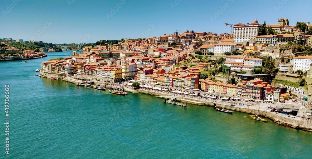 Porto city and Douro river seen from Don Luis I bridge, Portugal
