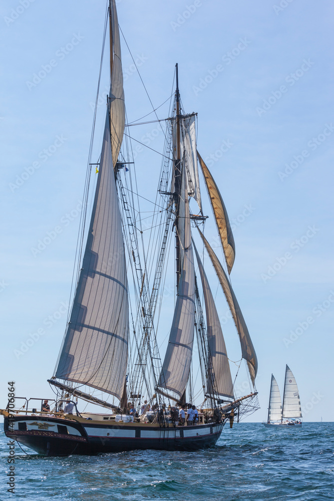 USA, Massachusetts, Cape Ann, Gloucester. Gloucester Schooner Festival, schooner parade of sail.