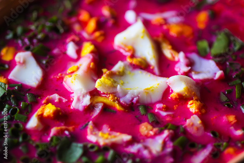 Traditional lithuanian cold soup with beet and eggs