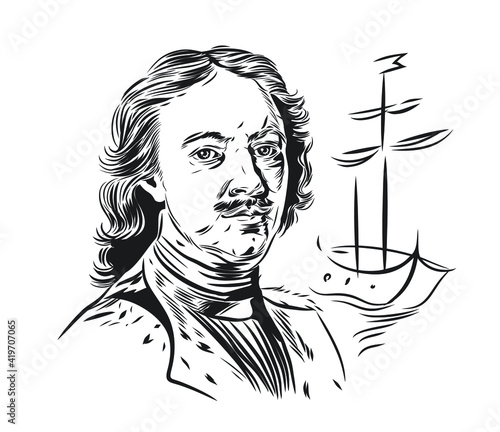 Vector portrait of the great Russian Emperor Peter on the background of the ship. Silhouette drawing