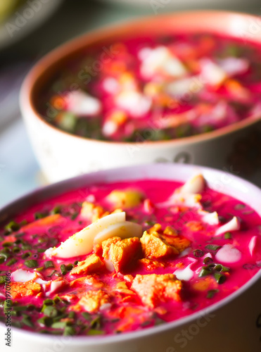 Traditional lithuanian cold soup with beet and eggs