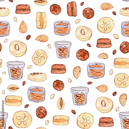 Watercolor and ink almond sweets pattern on white. Seamless pattern with cookies, almond butter, macaroons, healhty sweets and almonds. Colorfull background for textile, wallpapers, print and banners.