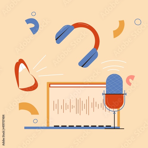 Podcast symbols set with microphone, headphones, laptop, talking mouth. Vector illustration