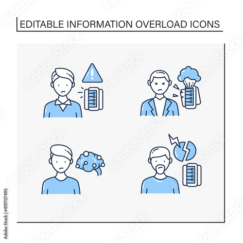 Information overload line icons set. Consists of continuous partial attention, information explosion, Fake info, anxiety.Isolated vector illustrations. Editable stroke