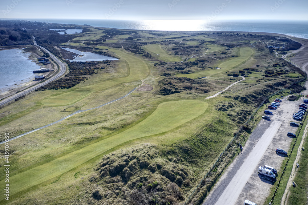Aerial of Hayling Island Golf Course a links course on the western tip of Hayling Island and next to the sea entrance to Langston Harbour with the Kench nature reserve on the north side.