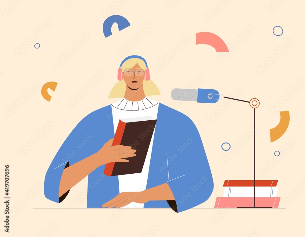 Podcast concept about reading and books, woman talking in microphone, recording stream. Vector illustration in flat style